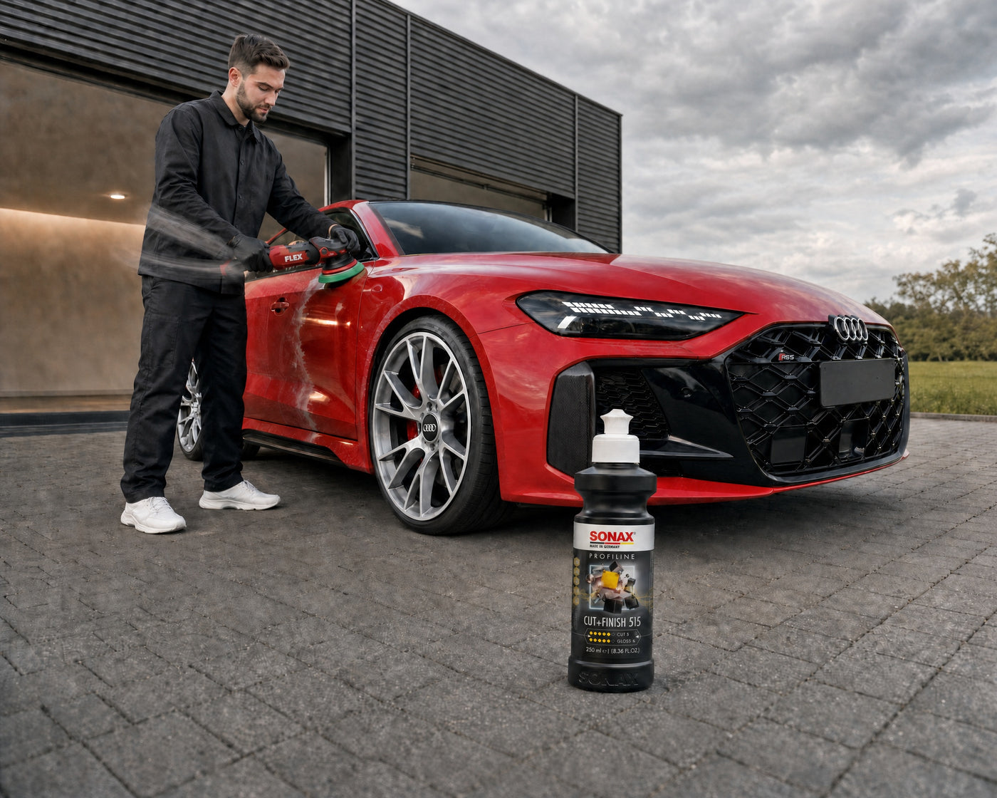 Detailing1 SONAX PROFILINE Cut+Finish 5/5 — Daniel poliert einen roten Audi RS 5 mit der FLEX PE214 vor der Halle