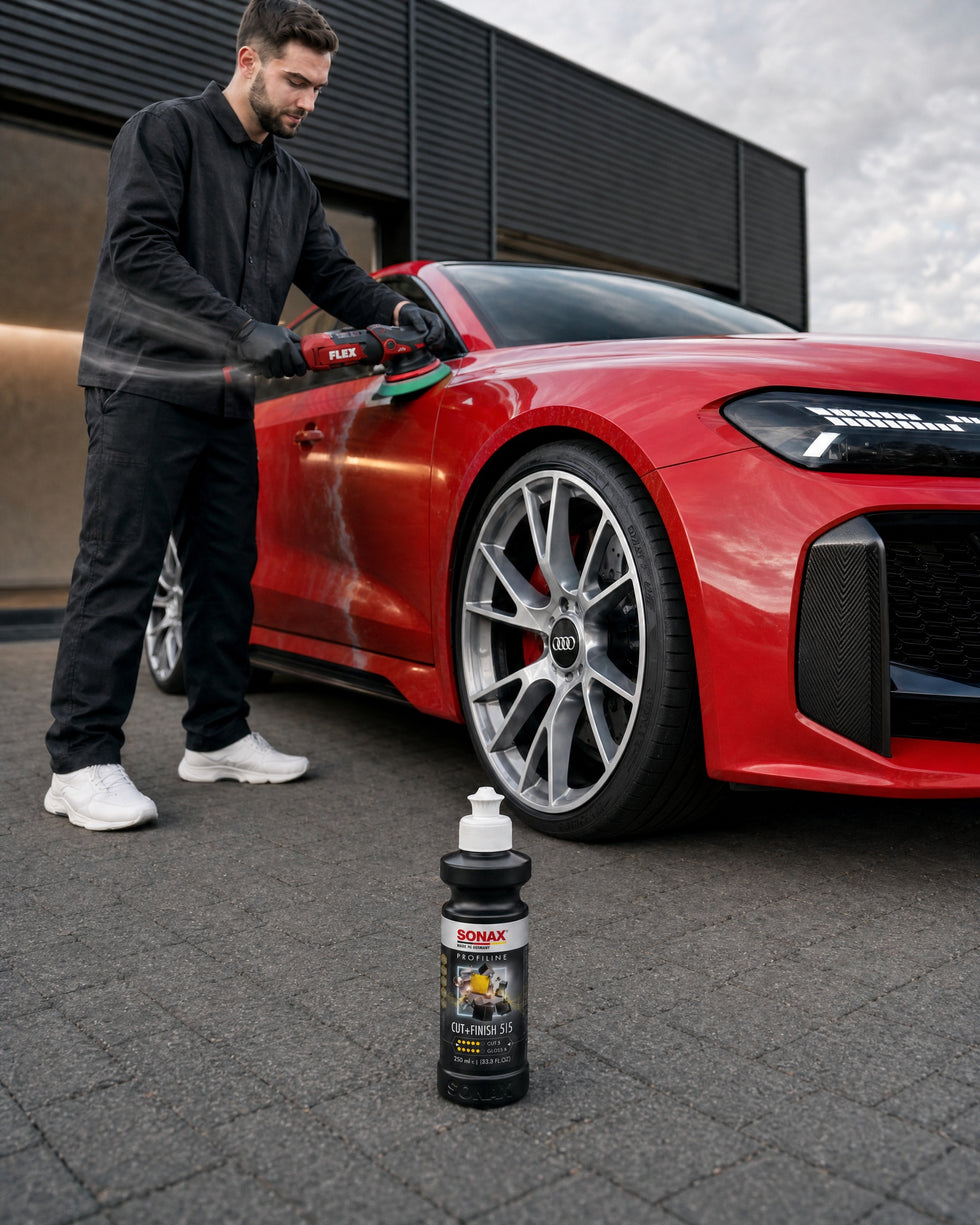 Detailing1 SONAX PROFILINE Cut+Finish 5/5 — Daniel poliert einen roten Audi RS 5 mit der FLEX PE214 vor der Halle (Mobil)