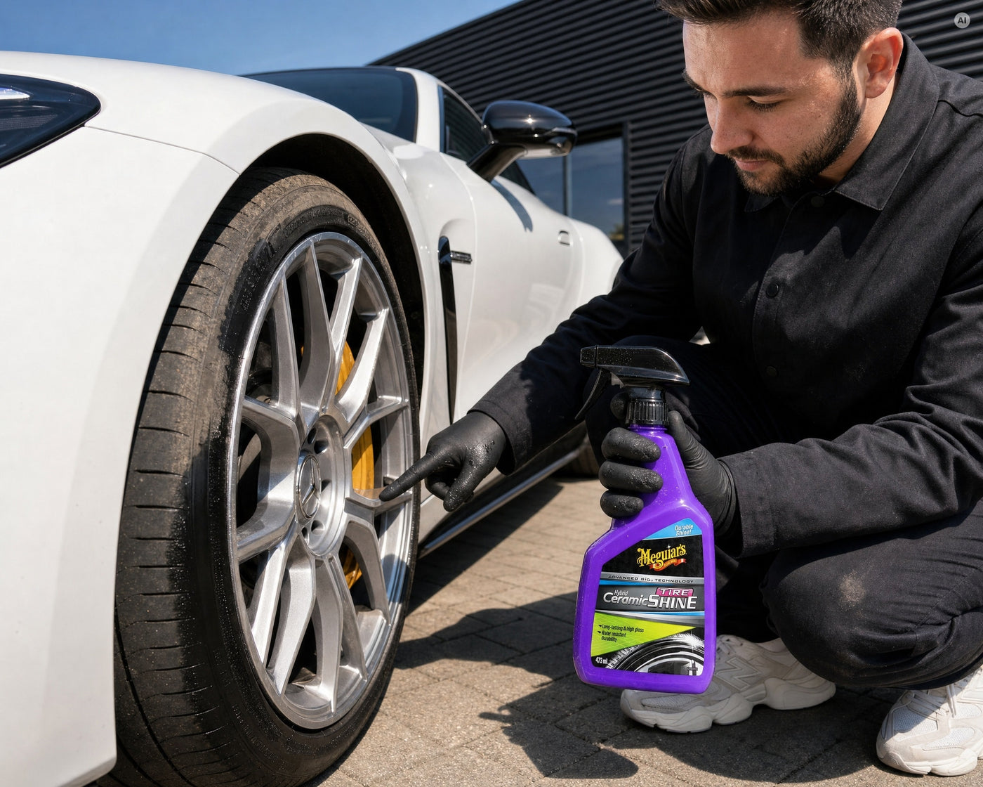 Detailing1 Hero: Reifenpflege — Meguiars Hybrid Ceramic Tire Shine an der Reifenflanke (Desktop)
