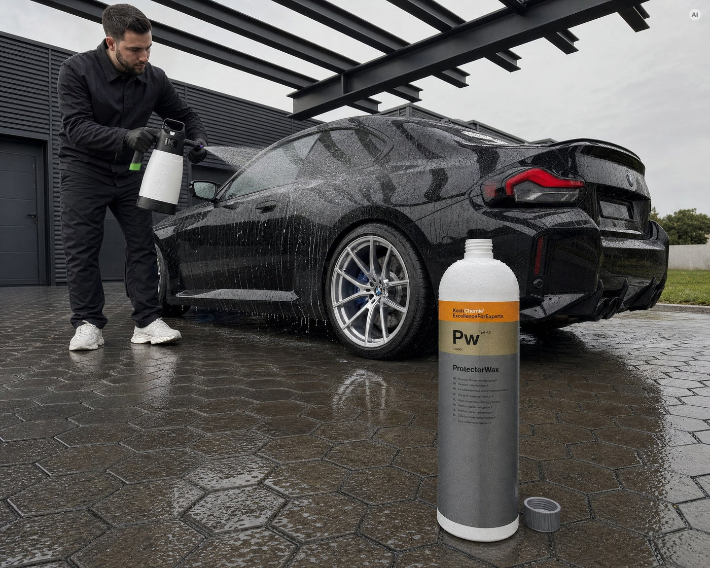Detailing1 Koch-Chemie Protector-Wax Pw 1 Liter: Nassversiegelung auf den nassen BMW M2 sprühen, Carport (Desktop)