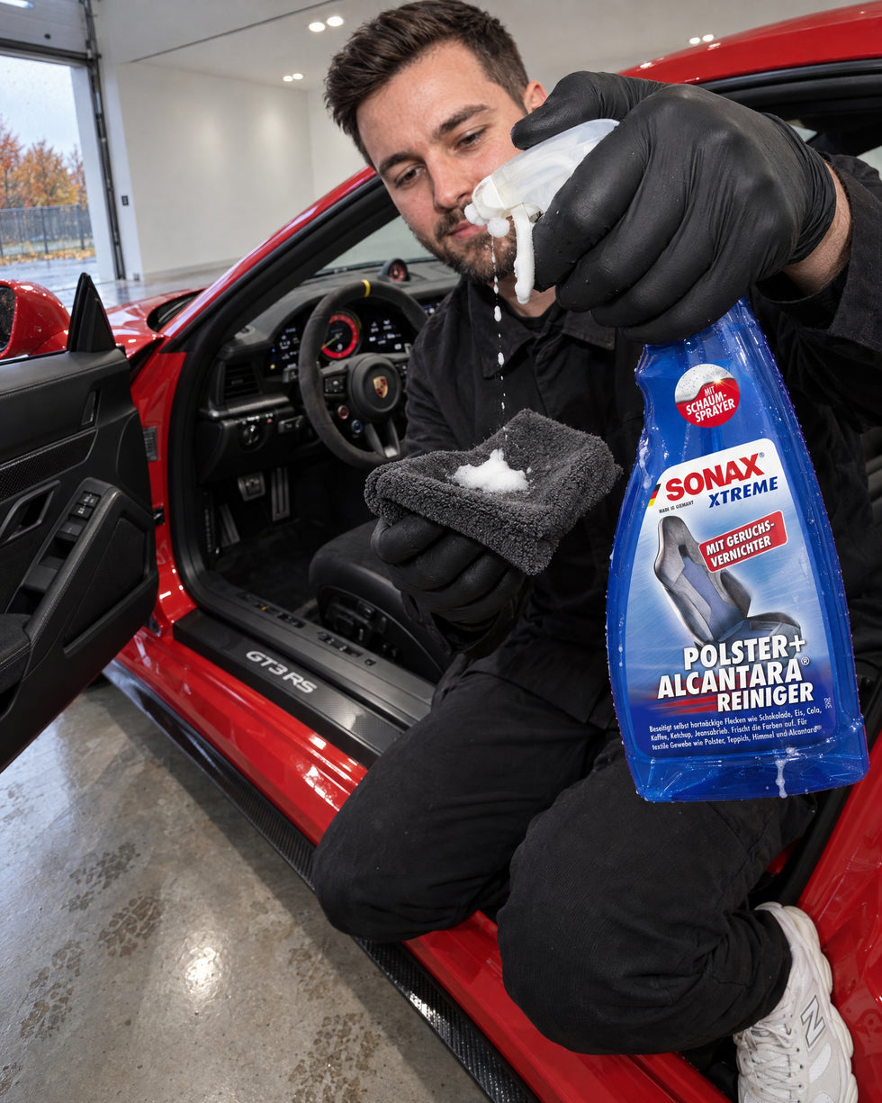 Detailing1 Hero : nettoyant textile — nettoyer un volant en Alcantara avec SONAX XTREME Polster+AlcantaraReiniger (Mobile)