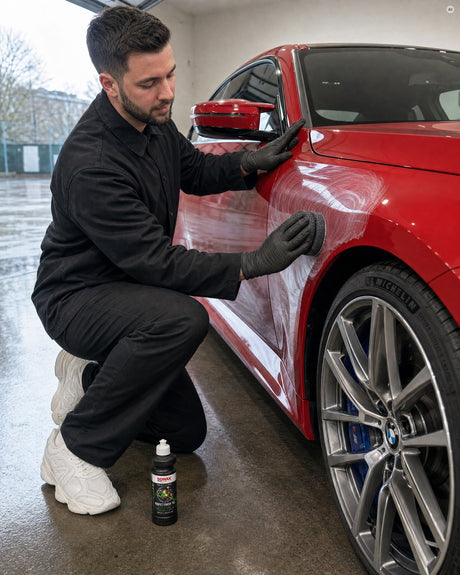 Daniel von Detailing1 poliert den Kotflügel eines roten BMW M2 von Hand mit dem Koch-Chemie Handpolierschwamm "Puck", daneben