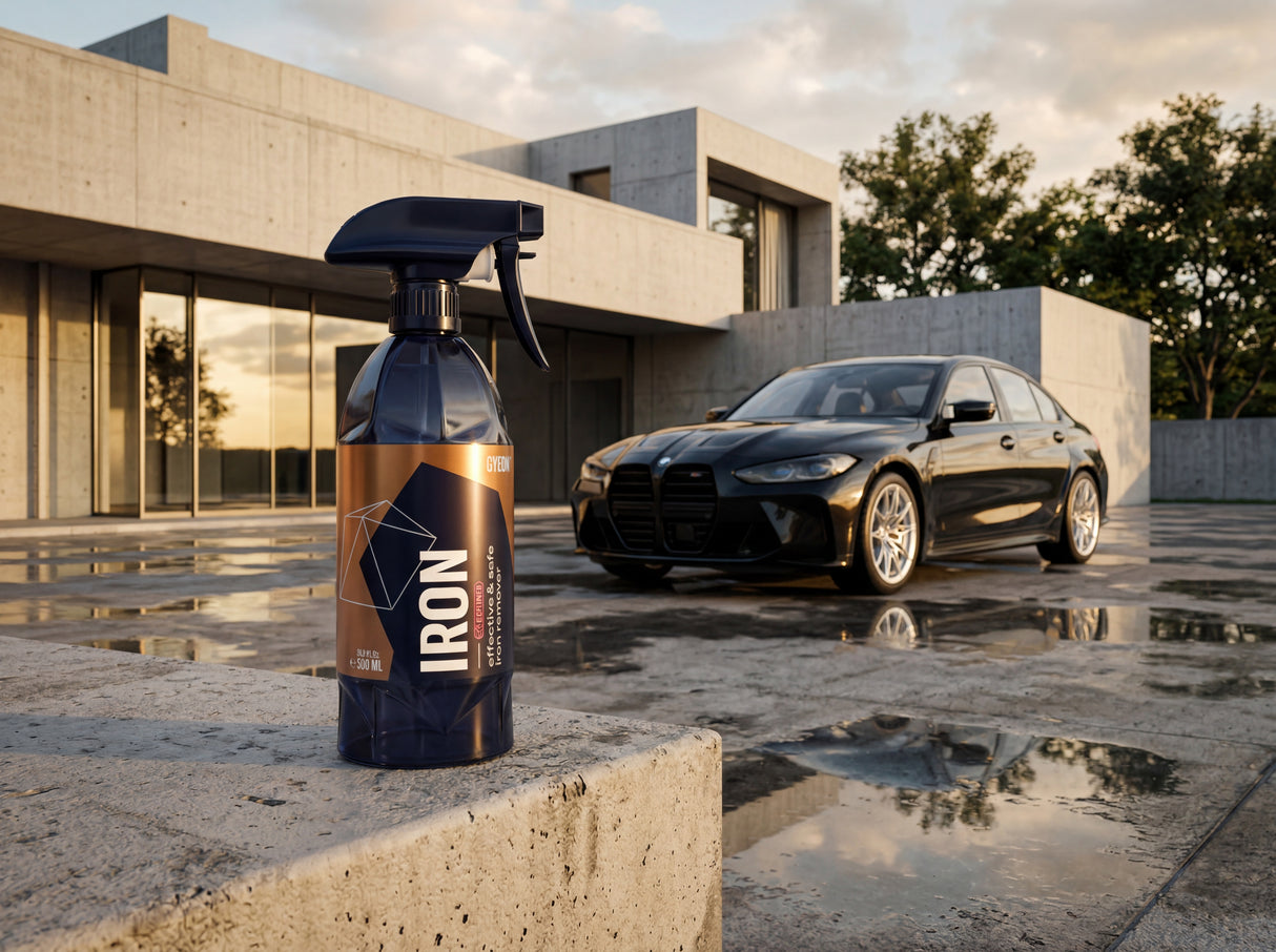 GYEON Q²M Iron Flugrostentferner auf Betonmauer vor schwarzem BMW M3 bei Golden Hour