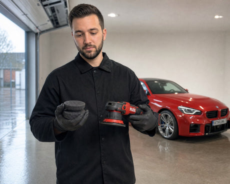 Daniel von Detailing1 hält in der Halle den Koch-Chemie Handpolierschwamm "Puck" und einen FLEX Akku-Exzenterpolierer nebeneinander vor einem roten BMW M2