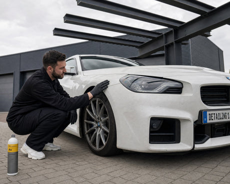Daniel begutachtet den pollenmatten Lack eines weißen BMW M2 vor der Wäsche — Detailing1