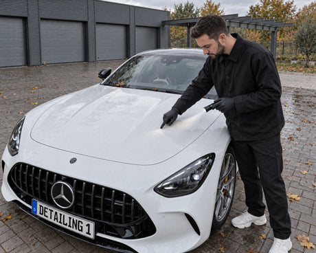 Detailing1 taches d'eau séchées sur une Mercedes-AMG GT 63 blanche — Daniel contrôle le calcaire à la lampe et à l'ongle