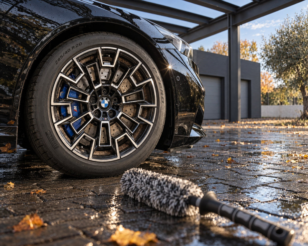 THE COLLECTION Flex Brush, brosse à jantes microfibre sur pavé mouillé devant la jante poussiéreuse d'une BMW M5 noire