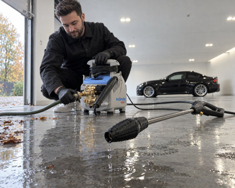 Detailing1 hivernage du nettoyeur haute pression — Daniel débranche le tuyau du Kränzle K 1050 P, l'eau goutte de la lance