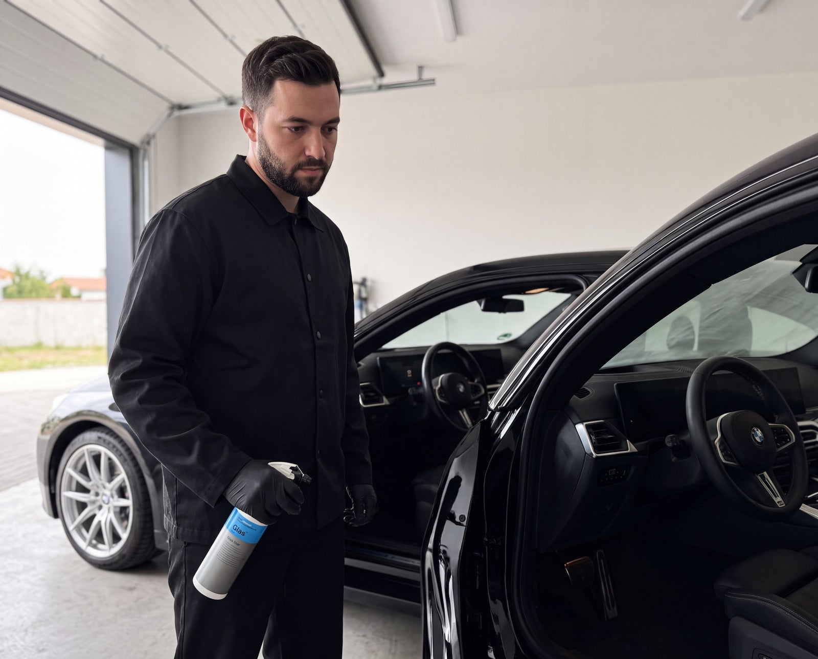 Milchiger Schmierfilm auf der Innenscheibe eines schwarzen BMW M2 mit Koch-Chemie Glas Star Gla