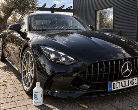INNOVACAR "100%" Scale devant une Mercedes-AMG GT noire avec des taches de calcaire blanches sur le pare-brise — visible dans l'article « Enlever le calcaire d'une vitre de voiture sans la rayer »