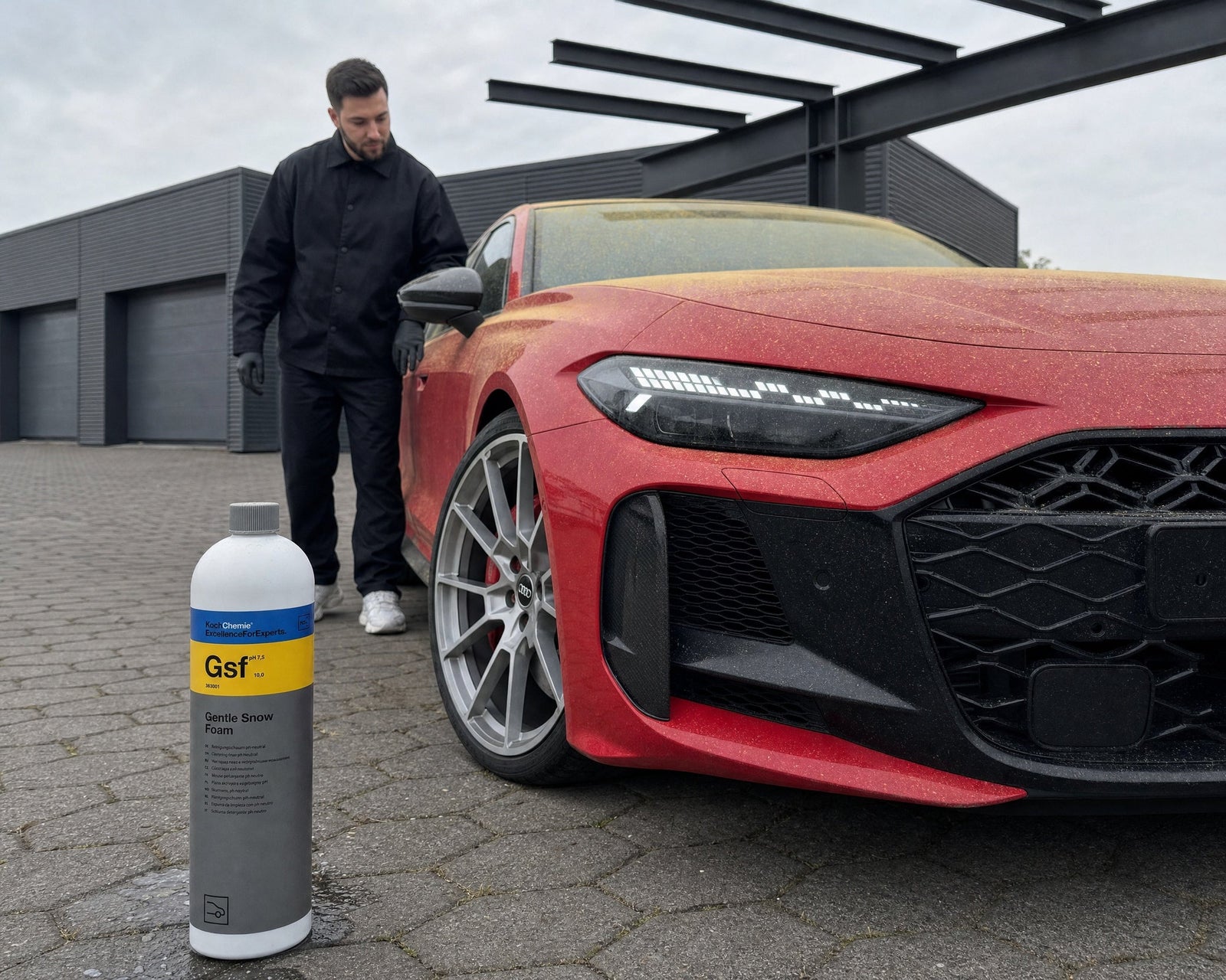 Gelber Pollenfilm auf dem roten Audi RS 5 vor der schonenden Wäsche mit Koch-Chemie Gentle Snow Foam