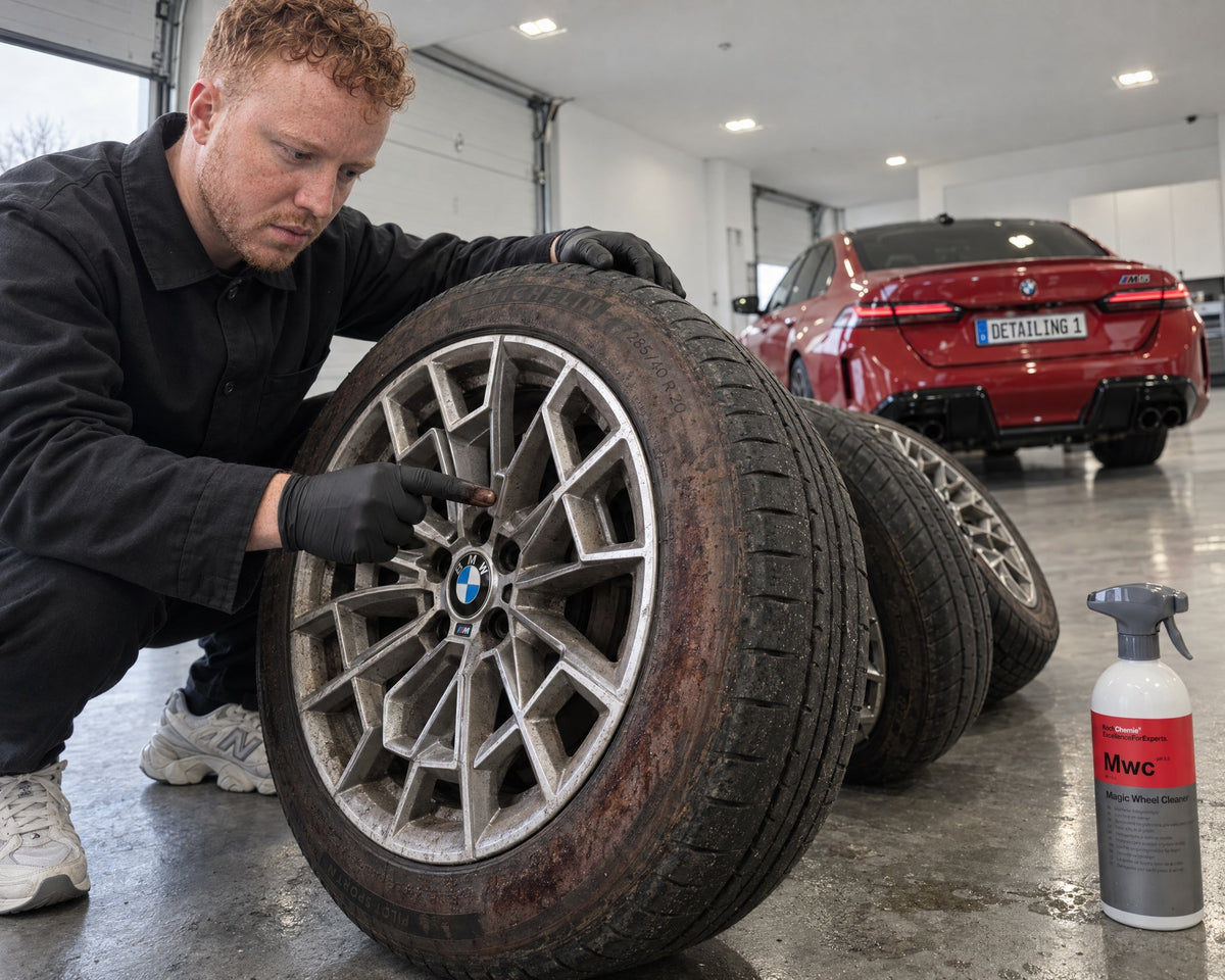 Detailing1 Koch-Chemie Magic Wheel Cleaner "Mwc" 500 ml — braune Reifenflanke an abgenommenen Sommerrädern vor dem Einlagern