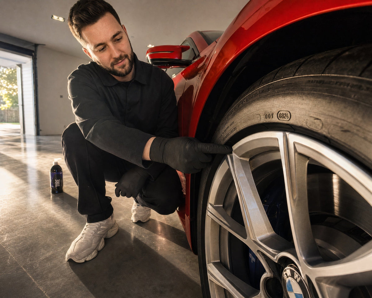 Detailing1 GYEON Q² Tire Ceramic Tire Protecant am Vorderrad des BMW M2, Daniel prüft die DOT-Nummer auf der Reifenflanke