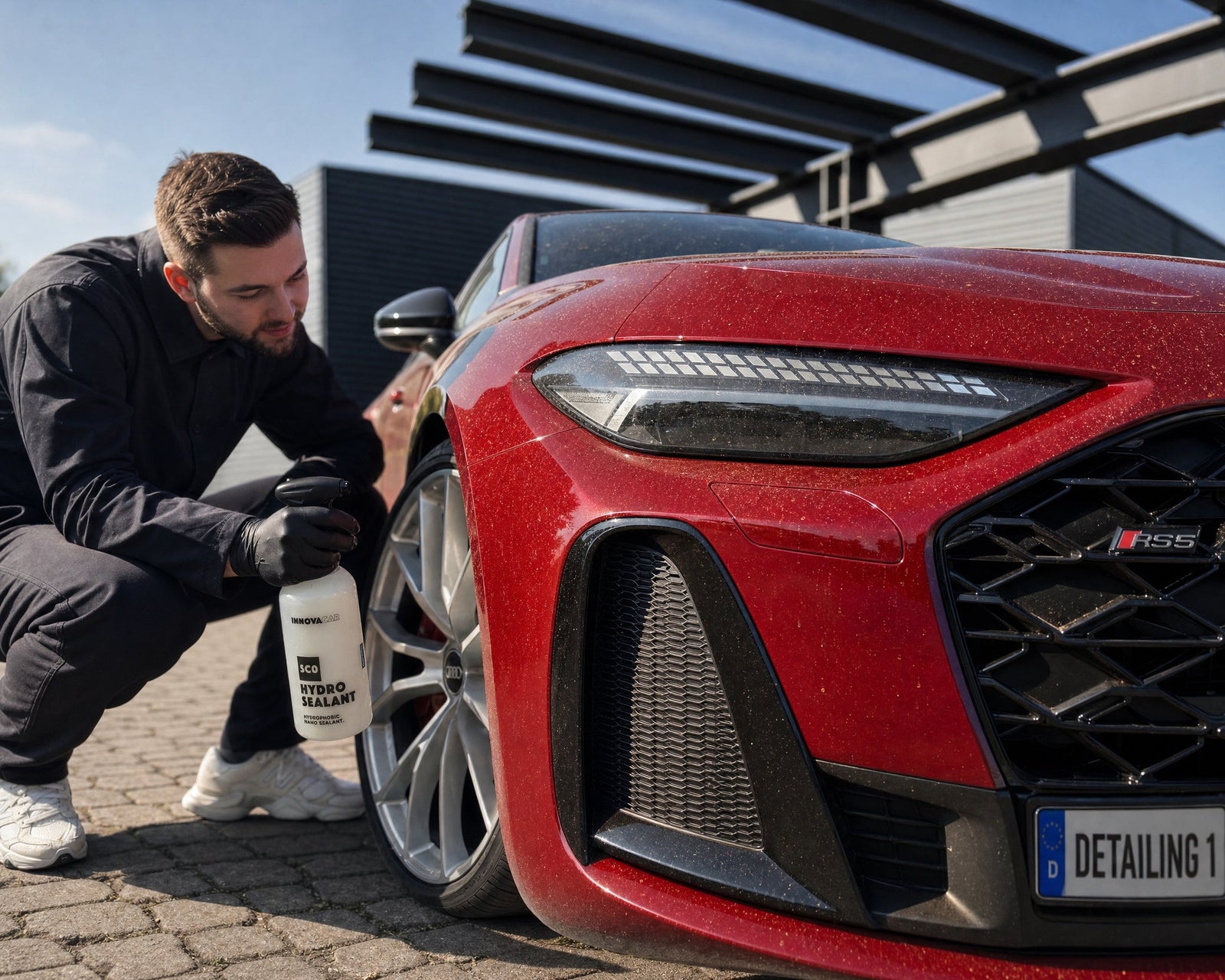 Daniel prueft den pollenbelegten Lack eines roten Audi RS 5 vor dem Versiegeln mit INNOVACAR SC0 Hydro Sealant