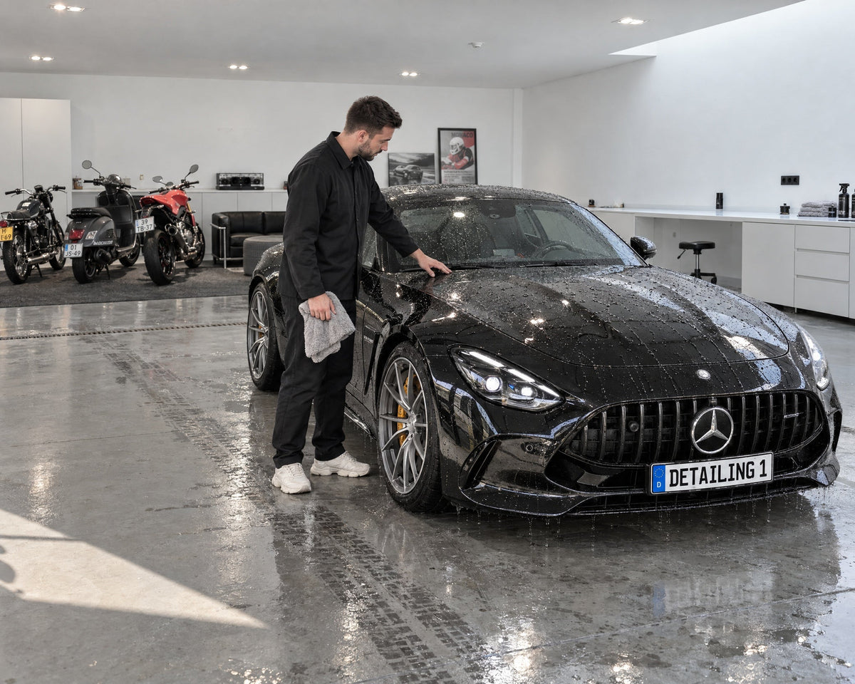 Detailing1 THE COLLECTION "Striped 2.0" Trockentuch — Daniel mit gefaltetem Trockentuch vor dem nassen Mercedes-AMG GT