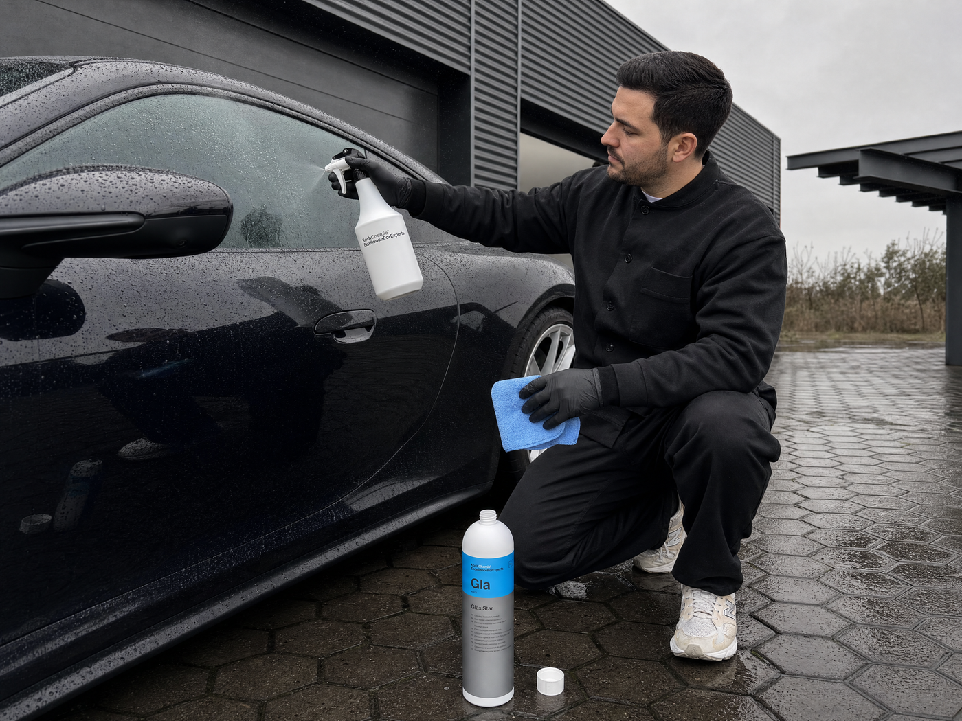 Detailing1 Hero: Glasreiniger — Regen draußen — Sicht klar mit Glas Star (Desktop)