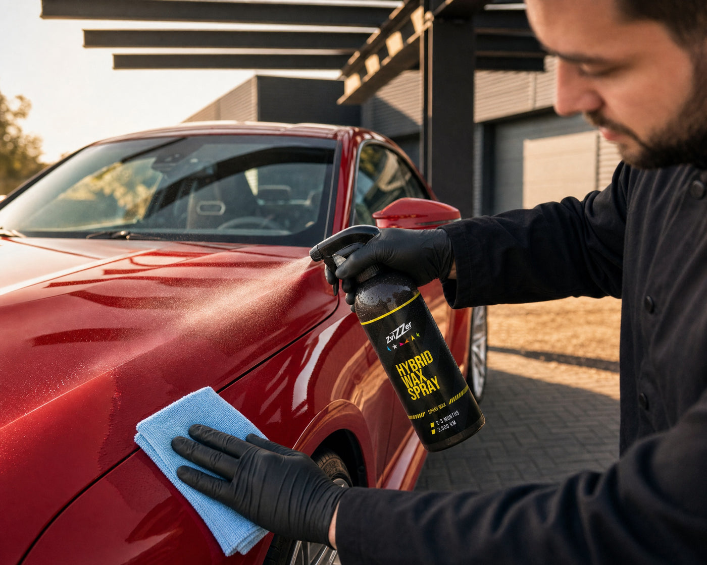 Detailing1 Hero: Sprühversiegelung — ZviZZer Hybrid Wax Spray im Carport-Schatten (Desktop)
