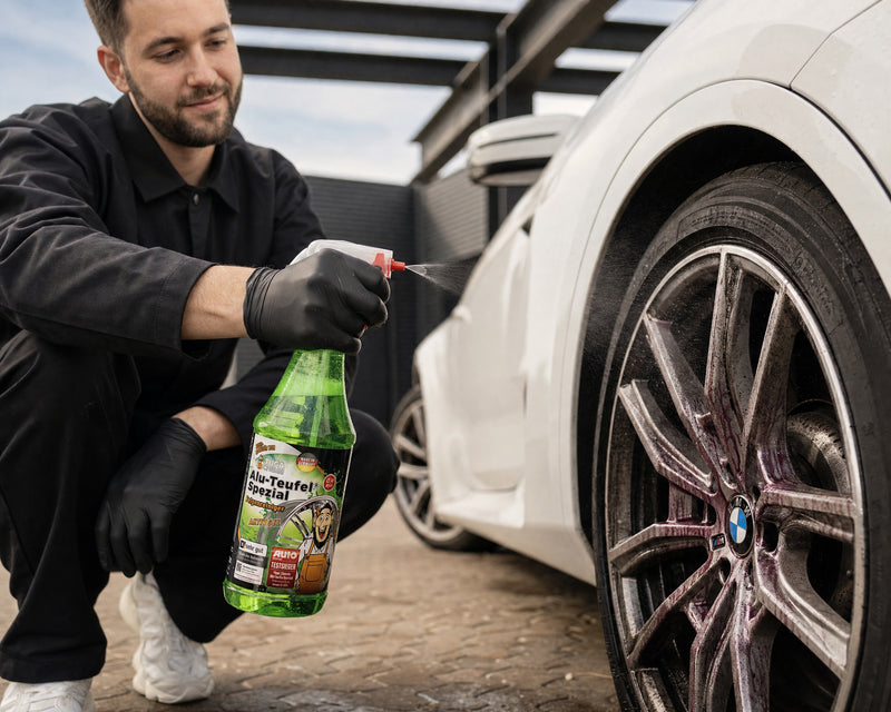 Detailing1 Hero: TUGA Chemie Alu-Teufel Spezial Grün auf der Felge eines weißen BMW M2 (Desktop)
