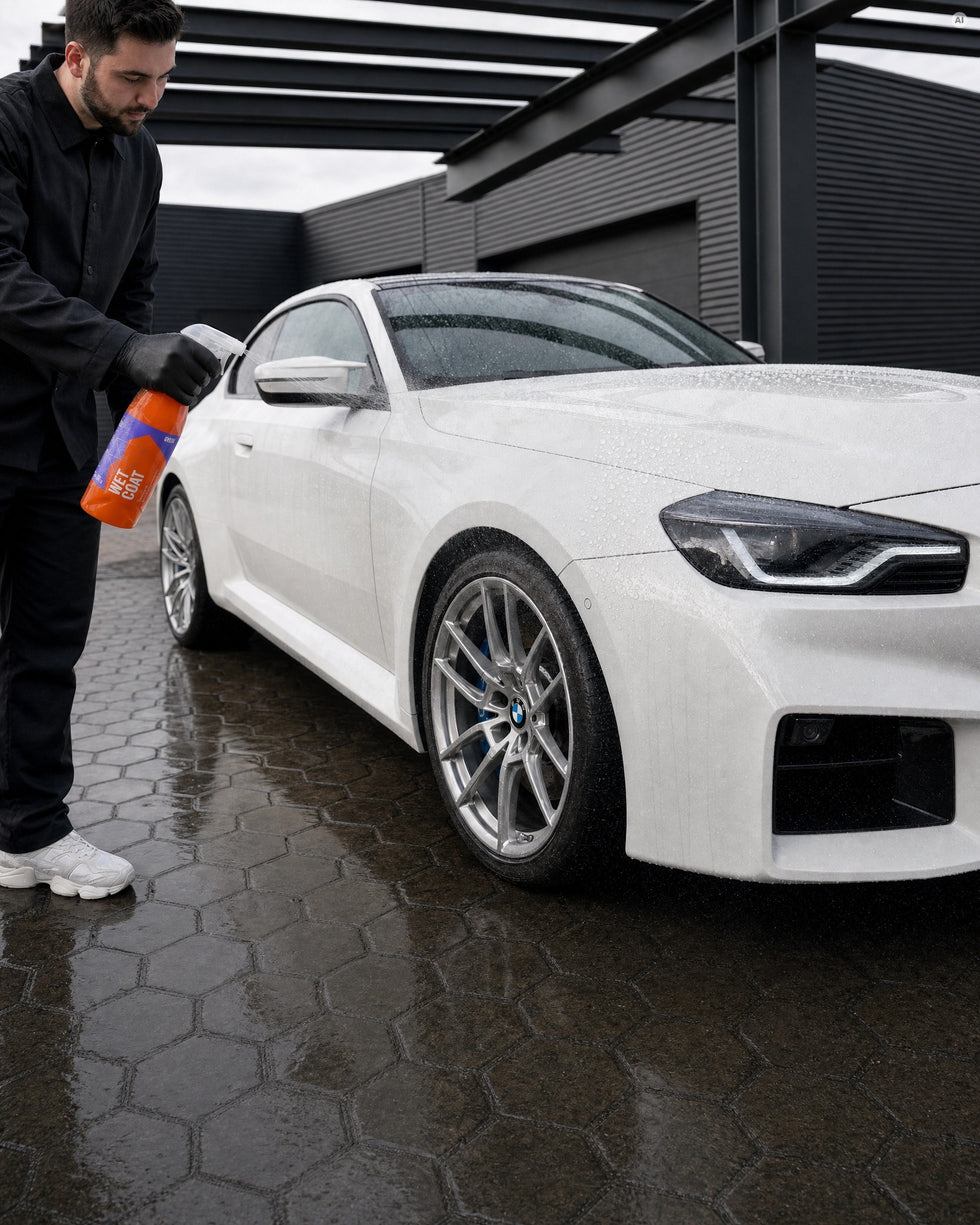 Detailing1 Hero: GYEON Q²M WetCoat Nassversiegelung auf nassem BMW M2 im Carport (Mobile)