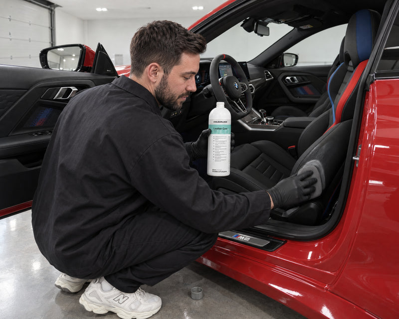 Detailing1 hero : soin du cuir — COLOURLOCK Leather Care nourrit le cuir lisse pigmenté d'un siège de BMW M2 (desktop)
