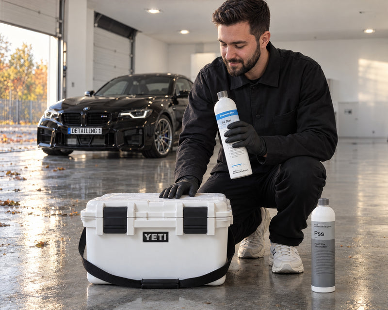 Daniel de Detailing1 avec COLOURLOCK Pol Star près de la YETI LoadOut GoBox 30, à côté Koch-Chemie Plast Star Pss, BMW M2