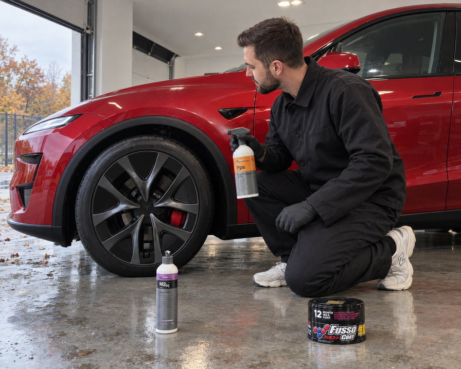 Detailing1 Spotlight : Koch-Chemie Micro Cut M2.02, Pps et Soft99 Fusso Coat au sol près d'une Tesla Model Y rouge