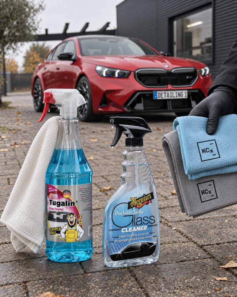 Tugalin Glas-Teufel, Meguiar's Perfect Clarity, GYEON GlassWipe EVO et Koch-Chemie Pro Glass Towel devant une BMW M5 — présenté dans l'article « Voiture embuée de l'intérieur : pourquoi une vitre propre reste claire plus longtemps »