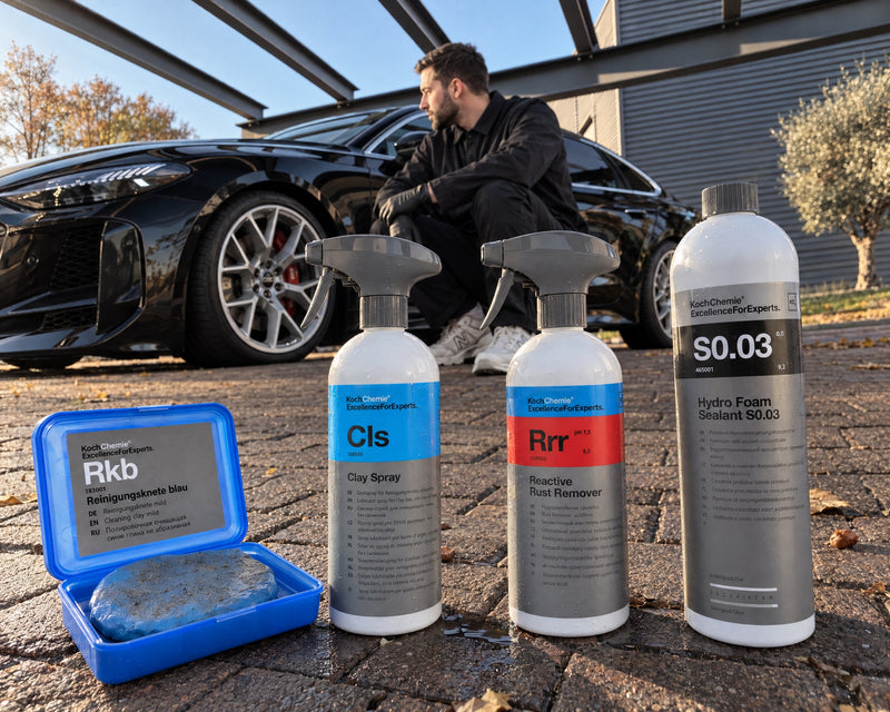 Detailing1 kit clay bar — Koch-Chemie Rkb, Clay Spray Cls, Rrr anti-rouille et S0.03 devant l'Audi RS 5