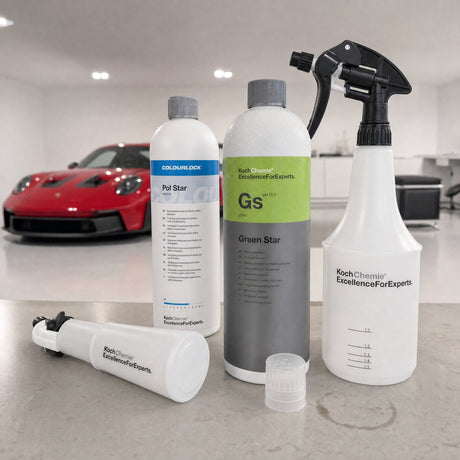 Detailing1 Auto-Reinigungsset "Innenraum" — Koch-Chemie Green Star „Gs“ 1 Liter + Dosing Cap + COLOURLOCK „Pol Star“ 1 Liter