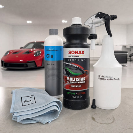Detailing1 Auto-Reinigungsset "Innenraum" — SONAX PROFILINE MultiStar 1 Liter + Koch-Chemie Glas Star „Gla“ 1 Liter + Pro Gla