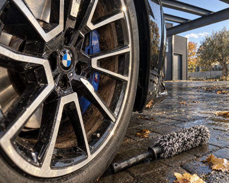 THE COLLECTION Flex Brush, brosse à jantes microfibre sur pavé mouillé devant la jante poussiéreuse d'une BMW M5 noire