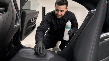 Pflegemilch mit Applikator-Pad auf Glattleder — Lederpflegemilch von COLOURLOCK bei Detailing1