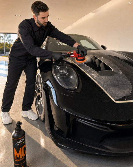 Detailing1 ZviZZer MC 3000 Medium Cut One-Step-Politur 750 ml beim Auspolieren der Motorhaube mit FLEX Exzenter