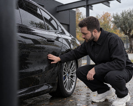 Detailing1 contrôle de protection sur une BMW M5 noire — Daniel vérifie l'eau de rinçage sur la porte arrière avant l'hiver