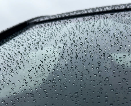 Regenwasser perlt in kugelförmigen Tropfen von der mit GYEON Q² View EVO versiegelten Windschutzscheibe ab