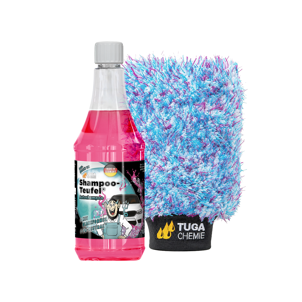 Detailing1 TUGA Chemie Shampoo-Teufel® Autoshampoo 1000 ml + Waschhandschuh — freigestellter Set-Packshot