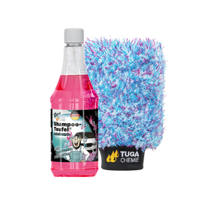 Detailing1 TUGA Chemie Shampoo-Teufel® Autoshampoo 1000 ml + Waschhandschuh — freigestellter Set-Packshot